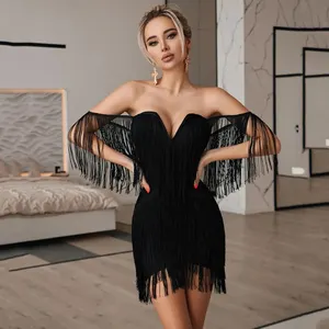 Fashion New Design Tassel Deep V-Neck Nightclub Sexy Women's Club Dress Customized Logo Sleeveless Mini Bandage Dress