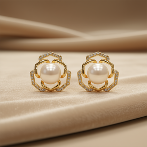Orecchini a perno con perle placcate in oro e design a fiore con perle finte per gioielli da sposa da donna - Product Image 2