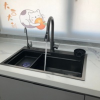 Évier de cuisine multifonctionnel à cuve unique en acier inoxydable nano noir, 4 trous, design DIY, pour poste de travail, vente en gros
