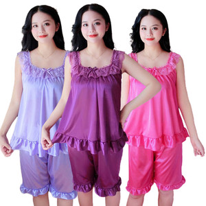 Pyjama d'été <span class=keywords><strong>H</strong></span>-599 pour femme, en soie satinée, ensemble deux pièces, haut sans manches à col rond et short, vêtements de nuit pour femmes - Product Image 1