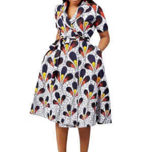 Abbigliamento tradizionale africano stampa Ankara stile <span class=keywords><strong>etnico</strong></span> avvolgente manica corta abito Midi con cintura per abbigliamento donna - Product Image 1