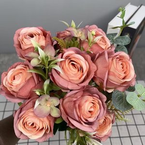 Fleurs artificielles en gros à prix d'usine, décoration de haute qualité, bouquet de neuf têtes de roses en soie blanches - Product Image 5