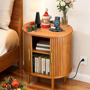 <span class=keywords><strong>Table</strong></span> de chevet cannelée de style Mid-Century avec station de charge, porte coulissante, étagère réglable, <span class=keywords><strong>table</strong></span> d'appoint jaune - Product Image 1