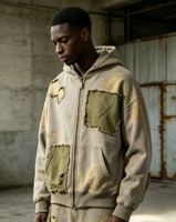 Sweat à capuche zippé intégral épais, délavé vintage, effet usé, patchwork, effet soleil éclairé, style Wasteland Street Jacket, pour les amateurs de vintage et le quotidien