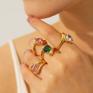 2026 Luxury 18K Gold Plated Stainless Steel Colorful Zircon <b>Ring</b> for Women Irregular Fluid Design Chunky <b>Statement</b> <b>Ring</b> - Product Image 1