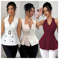 Rompi Wanita Ukuran Besar Tanpa Lengan Grosir, Kancing Kerah, Elegan untuk Kantor, Kemeja Wanita Slim Fit