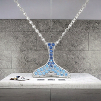 Collier Pendentif Charme Queue de Sirène Bleue en Argent 925 Plaqué Rhodium avec Zircon, Cadeau Bijoux Sirène