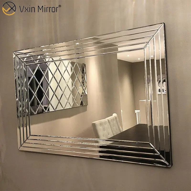 Espejo largo de lujo grande de pared plateada moderna, diseño de arte geométrico de madera, espejo de pared decorativo de entrada estereoscópico 3D para el hogar