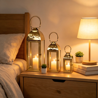 Lanterne en verre en acier inoxydable, porte-bougie décoratif, compatible avec les lumières LED pour mariage, patio, décoration de la maison