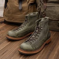 Sepatu Bootie Kulit Asli 2025 dengan Patchwork untuk Tali Sepatu, Model Ankle Bootie untuk Musim Gugur-Dingin Pria, Teknologi Goodyear-Stitched Anti-Slip