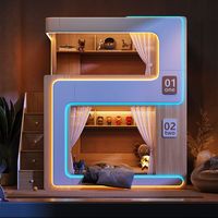 Cama litera infantil LED futurista moderna con escaleras de almacenamiento, cajones, estantería, muebles para dormitorio infantil, cama doble.