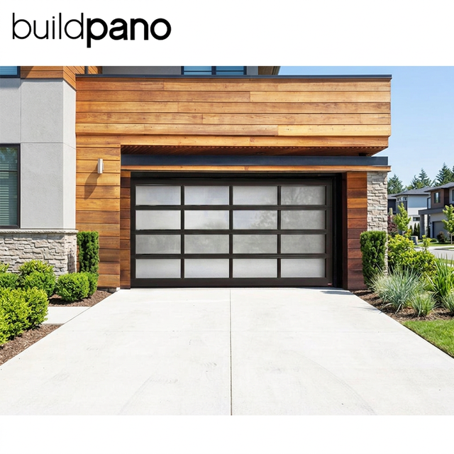 Full-vision aluminium and glass sectional garage door on a modern house