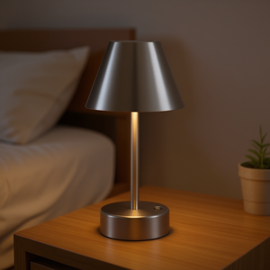 Lampe de table LED rechargeable en nickel brossé avec interrupteur tactile, petite lampe de chevet minimaliste, abat-jour en métal, corps en fer - Product Image 2