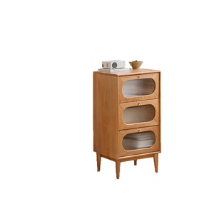 Commode en bois massif de 40 cm de large, armoire de rangement à trois tiroirs, meuble de chambre à coucher avec design à panneaux en verre - Product Image 3