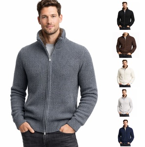 Veste en cachemire et laine pour homme à double <span class=keywords><strong>fermeture</strong></span> éclair en gris foncé, pull bomber en tricot côtelé avec col en fausse fourrure pour vêtements d'extérieur d'hiver de luxe - Product Image 1