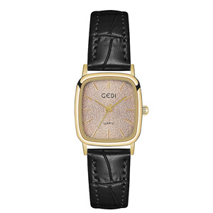 Reloj de Cuarzo con Esfera Cuadrada con Brillo Color Champán, Tono Dorado y Correa de Cuero Negra - Product Image 1