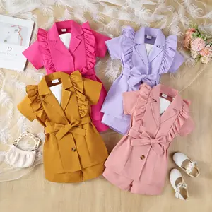 2023 Girls Strap Solid Color Short-sleeved Coat Suit Kids Jacket Shorts Three-piece Suit Girls' clothes Suit jacket waistcoat