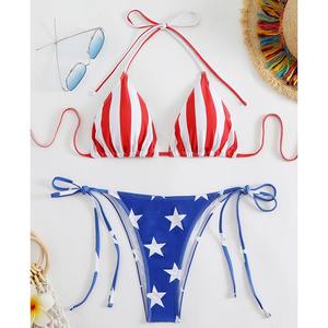 OEM جديد مثير طباعة العلم الصلبة V-neck عارية الظهر ضمادة قطعتين بيكيني ملابس السباحة النساء مخصص شنقا الرقبة - Product Image 3