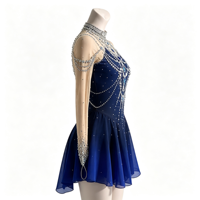 Robe de patinage artistique bleu marine à col montant et dos ouvert, ornée de strass et de mailles, pour concours de danse sur glace
