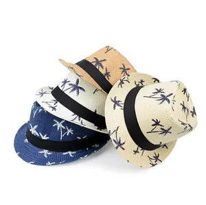 工厂定制女士正式帽子女软呢帽巴拿马帽子夏季防晒棕榈树沙滩帽男士爵士帽带丝带装饰