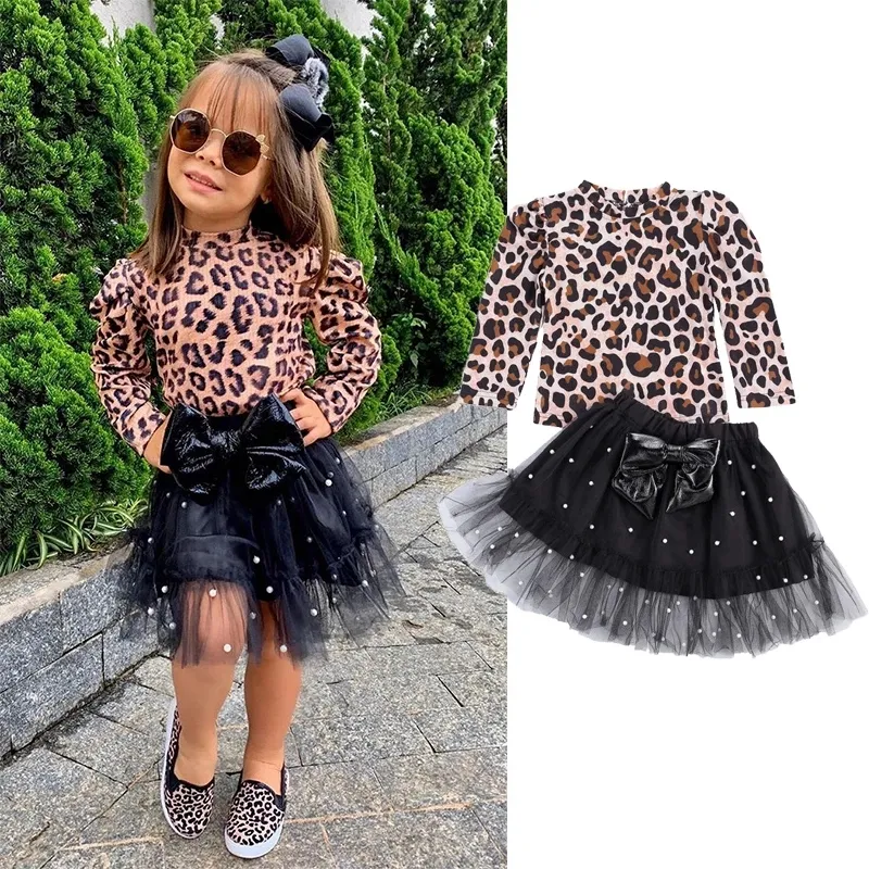 1-6Y Toddler Kids Baby Girls Clothes Sets Spring Autumn Girl Leopard Print T-shirts Tops + Bowknot Pearl Tulle Tutu Skirts Outfits