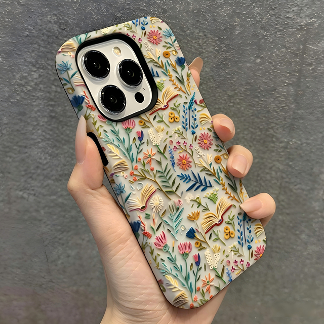 Vintage Embroidery Floral Shockproof Phone Case with TPU+PC Double Layer Material Film Phone Cover for iPhone 17 Pro Max