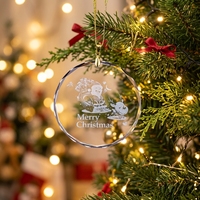 Ornements de Noël en cristal facetté rond de 70 mm, pendentifs Père Noël et rennes gravés au laser 3D avec cordon pailleté doré