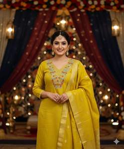 Nouvel ensemble de costume de fête jaune droit avec broderie traditionnelle Jari faite à la main sur le col, qualité boutique de créateurs, prix de gros - Product Image 3