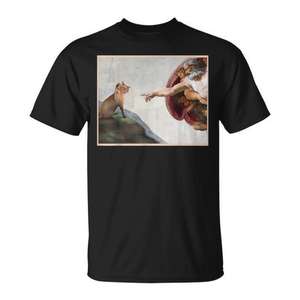 Camiseta con diseño gráfico negro de Cat God Creation Of Adam Meme para hombre, Memes de Internet, ajuste unisex - Product Image 1