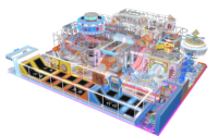 Aire de jeux intérieure moderne personnalisée avec néons, multi-niveaux, toboggan tubulaire, piscine à balles et zone trampoline pour centre commercial et FEC