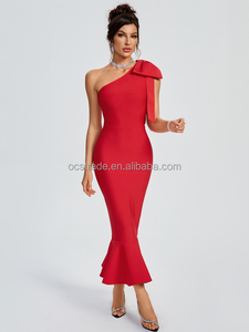 Toptan seksi bir omuz tasarım bandaj elbise küçük trompet elastik Bodycon kırmızı katı kokteyl elbise yay ile - Product Image 2