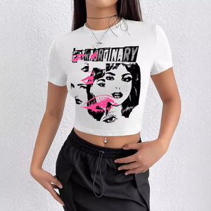 T-shirt décontracté pour femme le plus populaire, imprimé numérique, coupe ajustée, col rond, manches courtes, color-block, style Y2K - Product Image 1