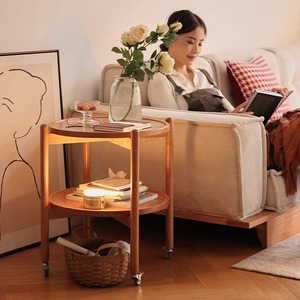 Nordic Solid Wood Coffee <b>Table</b> Cherry Wood <b>Round</b> Double Layer Movable Wheeled <b>Side</b> <b>Table</b> For Living Room - Product Image 3