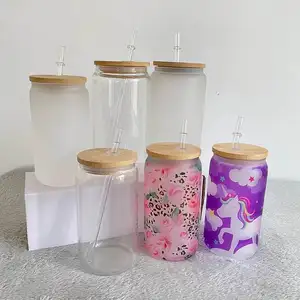 500ml Blanc Blanc Bouteilles D'eau DIY De Transfert De Chaleur Vin Gobelets Avec Couvercles et Verre Pailles 16oz Sublimation Givré Verres à Bière