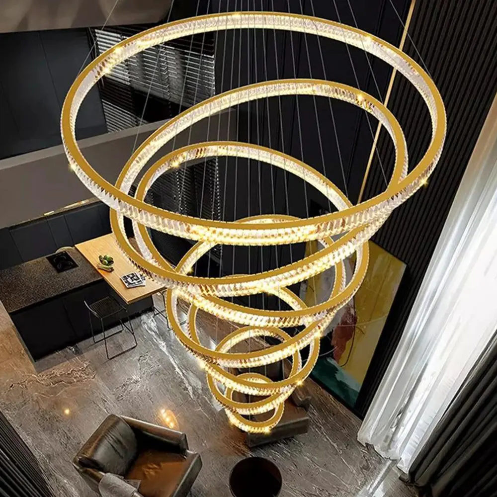 SHENGQIU 전문 맞춤형 대형 현대 럭셔리 호텔 K9 크리스탈 샹들리에 천장 계단 높은 천장을위한 6 링