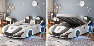 Lit enfant en forme de voiture de sport, structure en bois avec rangement, barrière de sécurité et design de porte escamotable, mobilier de chambre d'enfant à thème dessin animé - Product Image 5