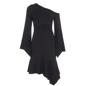 Vestido de punto asimétrico con hombros descubiertos, cintura plisada, manga acampanada, vestido mini de manga larga para mujer, estilo casual Y2K - Product Image 6