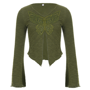 Butterfly Embroidery <b>V</b> <b>Neck</b> Knit Top, Long Sleeve <b>Women's</b> <b>T</b> <b>Shirt</b> with Side Slits, Y2K Retro Casual Streetwear Fashion - Product Image 6