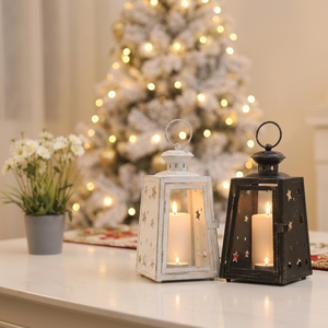 Lanternes à bougies en métal blanc et noir en gros avec découpes en forme d'étoile pour la décoration de Noël à la maison - Product Image 3