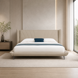 Cama contemporánea tapizada con cabecero capitoné y alas, plataforma de tela acolchada, patas de metal, tamaño King, para dormitorio de villa - Product Image 3