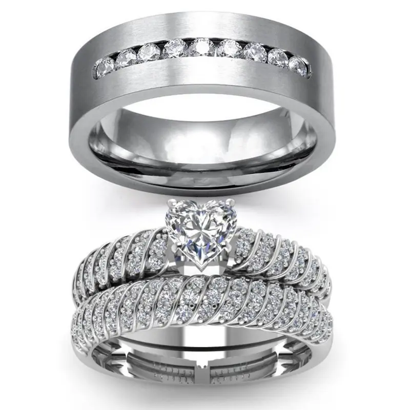 女性のための豪華なフルダイヤモンドの結婚式の婚約指輪記念日キュービックジルコニアプロミスカップルリングセット