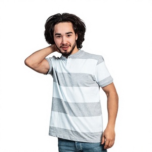 Polo de Manga Corta a Rayas para Hombre, Tejido, Corte Regular, Diseño con Botones, Color Gris Claro y Blanco - Product Image 1