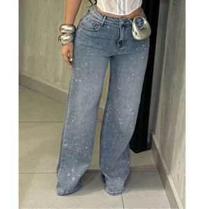 Jeans da Donna a Vita Media e Gamba Dritta, Vestibilità Comoda, Completamente Decorati con Strass, Stile Street Casual, <span class=keywords><strong>Pantaloni</strong></span> Lunghi in Denim Personalizzabili - Product Image 1