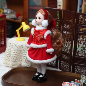 Vêtements pour poupées Bjd, robe en velours rouge avec garniture en fourrure blanche, tenue festive de 30cm, style hiver, coupe trapèze, col rond - Product Image 2