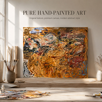 Peinture abstraite expressionniste à tourbillons turbulents, Ocre Sienne Bleu Rouge, Impasto, Traite de pinceau énergique, Peint à la main sur toile