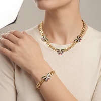 Pulsera y Collar de Eslabones Cubanos con Mariposa Esmaltada Colorida, Chapado en Oro de 14K, con Incrustaciones de Circonitas, Joyería de Latón Estilo Hip Hop para Mujer