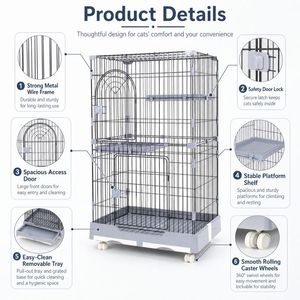 Grande cage <span class=keywords><strong>pour</strong></span> <span class=keywords><strong>chat</strong></span> d'intérieur en métal avec roulettes <span class=keywords><strong>pour</strong></span> la maison, la animalerie ou l'<span class=keywords><strong>abri</strong></span> - Product Image 3