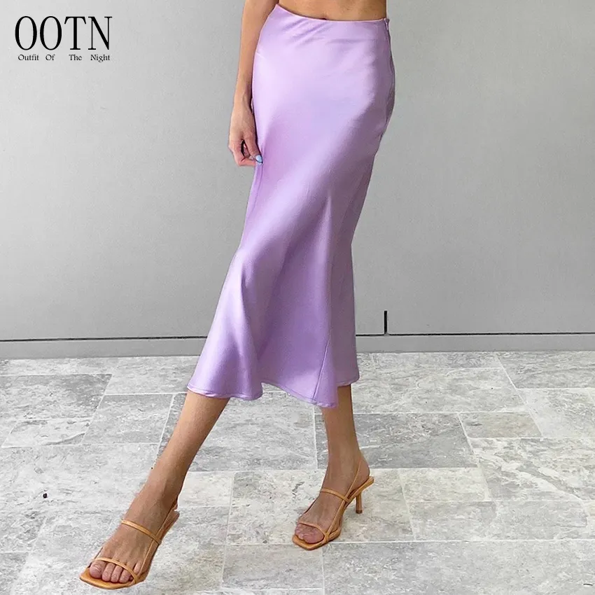 OOTN Midi Spring New 2022 Elegant Ladies Office Skirts Women High Waisted Summer Long Skirt Solid Purple Satin Silk Skirt