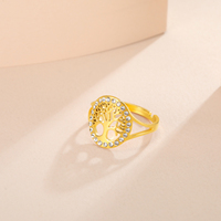 Arbre creux clair Zircon anneau rond en acier inoxydable plaqué or 18 carats réglable femmes bagues amulette bijoux en gros