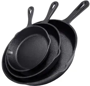 Set of 3 Piece Set Cast Iron Skillets Professional Restaurant Chef Quality Pre-Seasoned Pan Cookware Set - 10", 8", 6" Pans